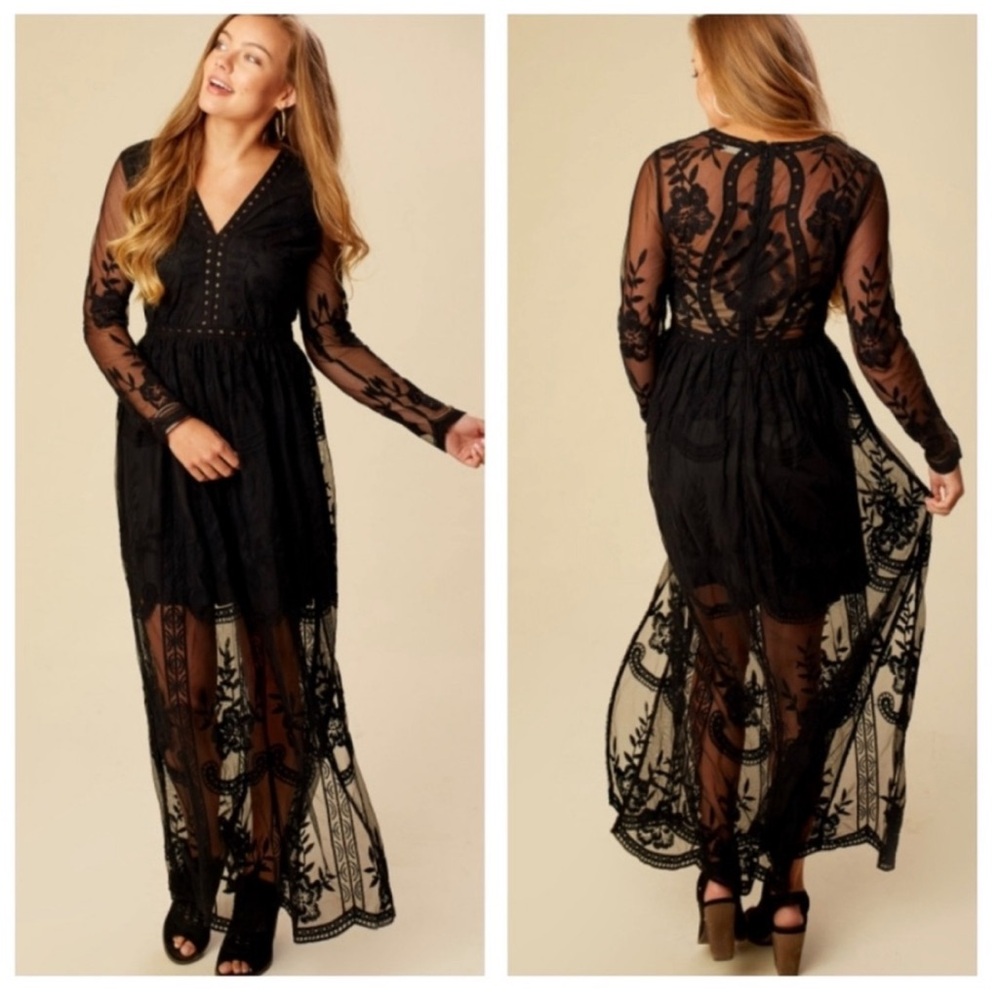 Altar'd State Black Sheer Embroidered Long Sleeve Maxi Dress